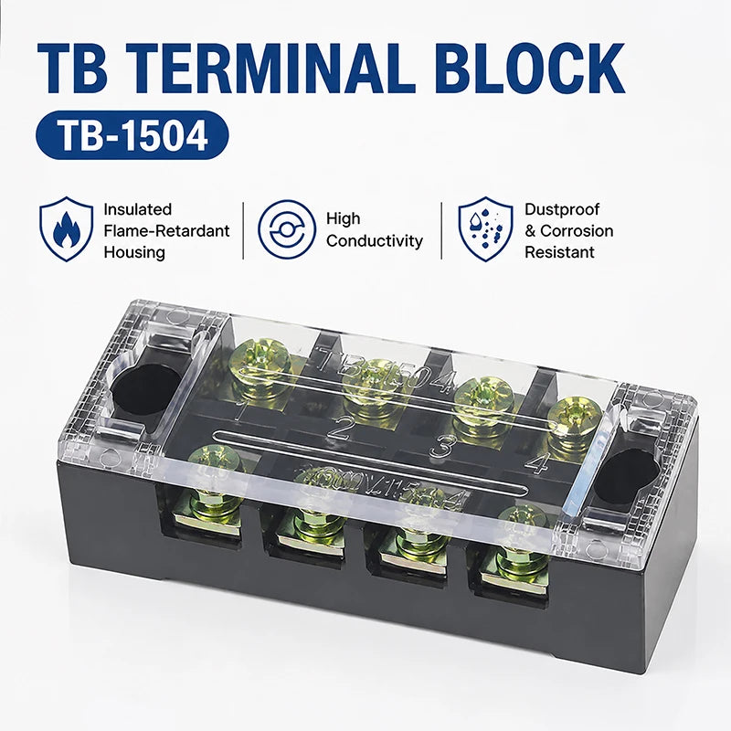 1PCS -TB1504 Dual Row Thick Copper Screw Terminal Block Flame Retardant Grounding Strip Wire Connector Durable 600V 15A