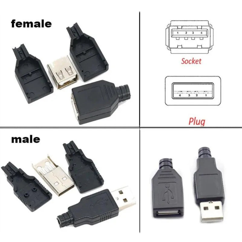 10pcs Type A USB interface (Male/Female), equipped with a black plastic cover, used for computer peripherals and port adapters.