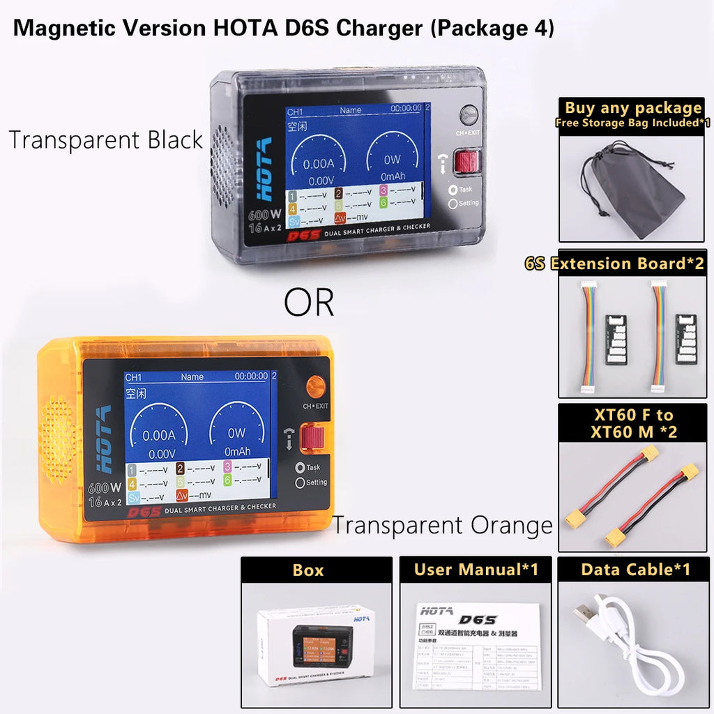 HOTA D6S RC Lipo Battery Charger Magnetic Suction Dual Channel Smart Balance 600W High Power 1-6S Smart Balance Charger