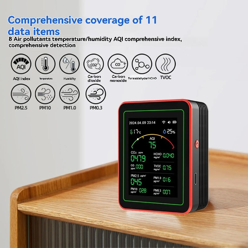 Home Air Quality Monitor Tuya WiFi 15 in 1 TFT Display Portable AQI PM0.3 PM1.0 PM2.5 PM10 CO CO2 TVOC HCHC Tester APP Co 이산화탄소