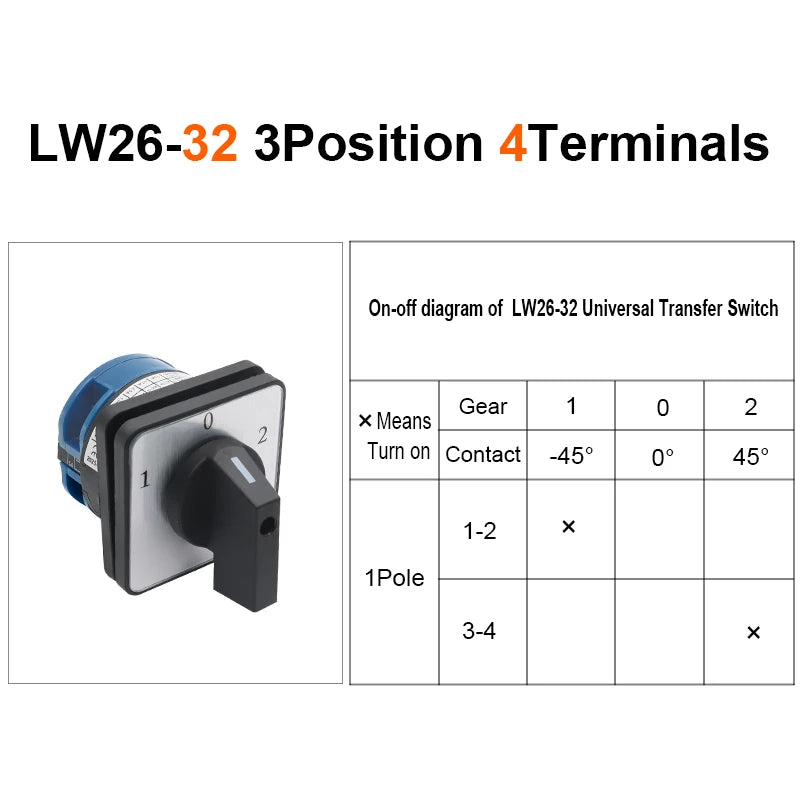 OMCH 1PCS Silver Contact LW26-20/32/63 Universal Switch 3 Position 1-0-2 1/2/3/4 Poles 440V 4/8/12/16Terminals Rotary Cam Switch