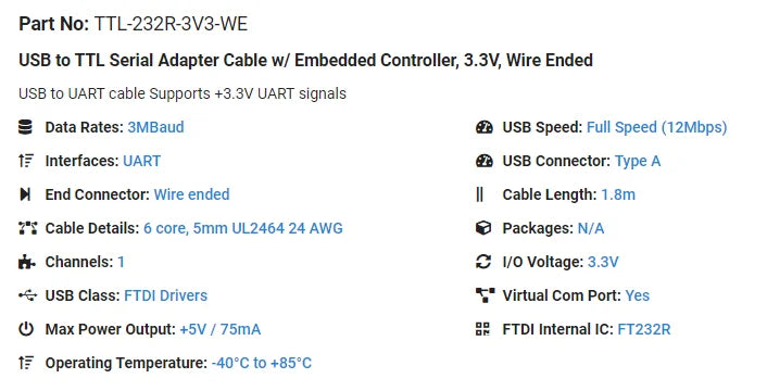 TTL-232R-3V3/5V Download Cable FTDI USB UART TTL 6 Way 0.1" Pin Header Debug Cable 1329311 BBB Beagle Bone Flash Cable