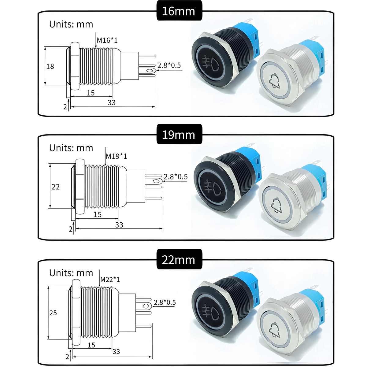 16/19/22mm Custom Metal Push Button Switch Start Stop LED Light For Car Fog Switch Motorcycle Waterproof Black/Silver 12V 24V