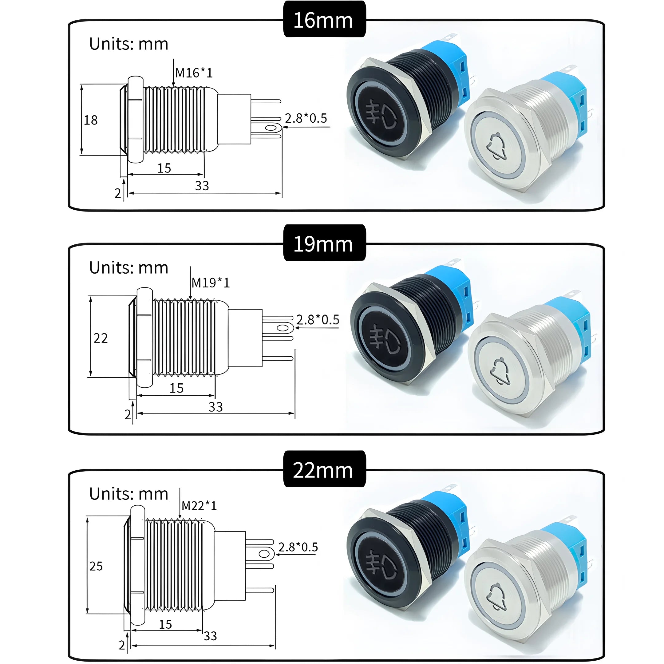 Custom Metal Push Button Switch 16mm 19mm 22mm Black Laser Luminous Waterproof Momentary Latching 12V 24V Motorcycle Car Switch