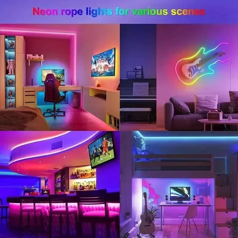 RGB LED Neon Rope Lights Bluetooth App WS2812 RGBIC Waterproof Flexible LED Tape With Dimmable Remote Controller For Wall Decor