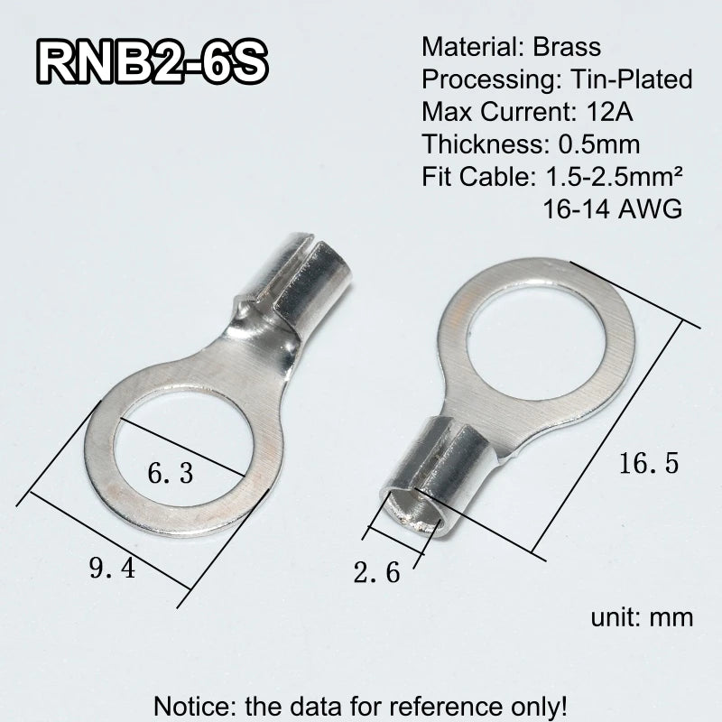 100pcs RNB Brass Ring Bare Terminal Block Connector Cable Lugs Wire Crimping Tips Electrical Connection Strips 12V 2.5mm 4mm 6mm