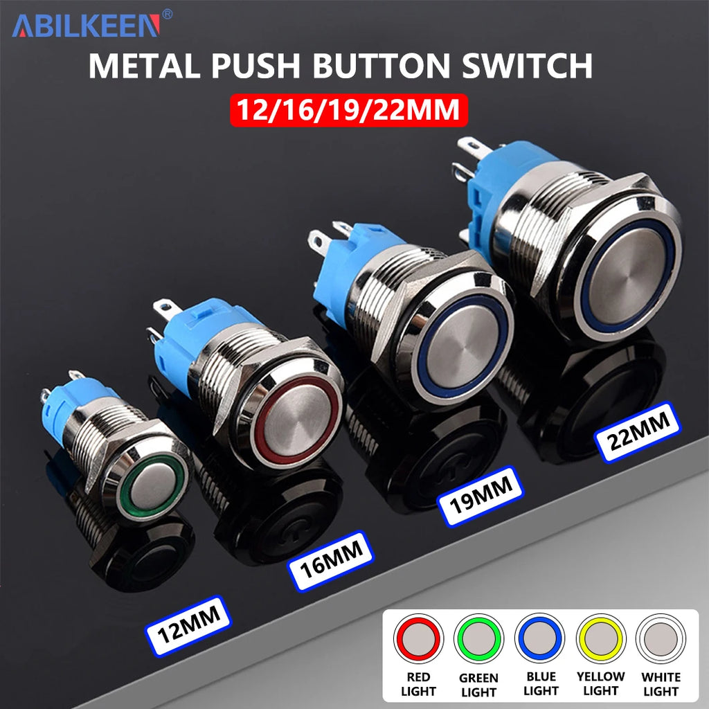 ABILKEEN 16/19/22MM LED Ring Light Metal Push Button Switch 1NO1NC/2NO2NC LED Ring Light Momentary/Latching Push Button Switch