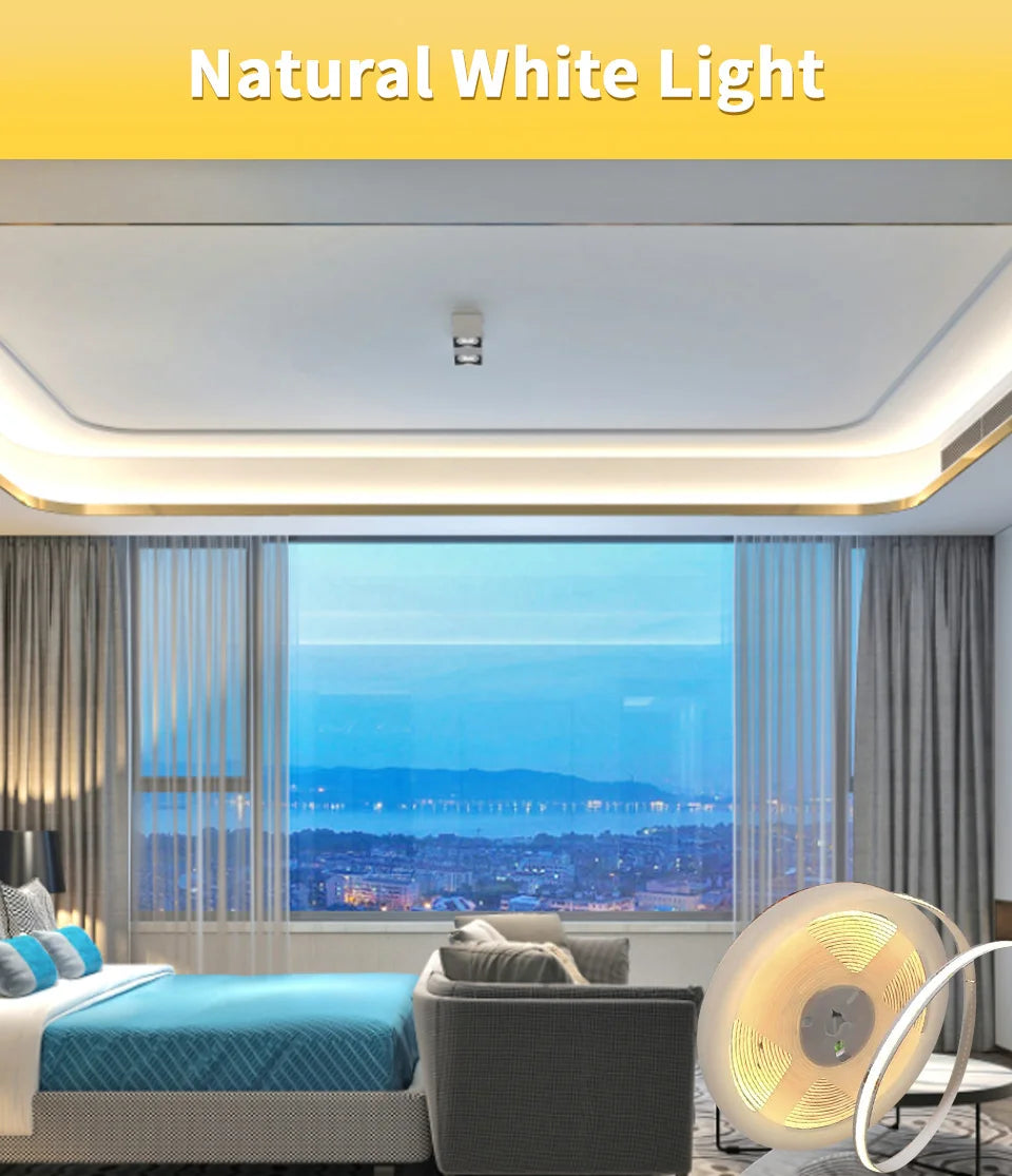 Linear regulável 24v 12v cob luzes de tira led 8mm 320leds/m fita flexível led para decoração do quarto 3000k 4000k 6000k 1m 5m