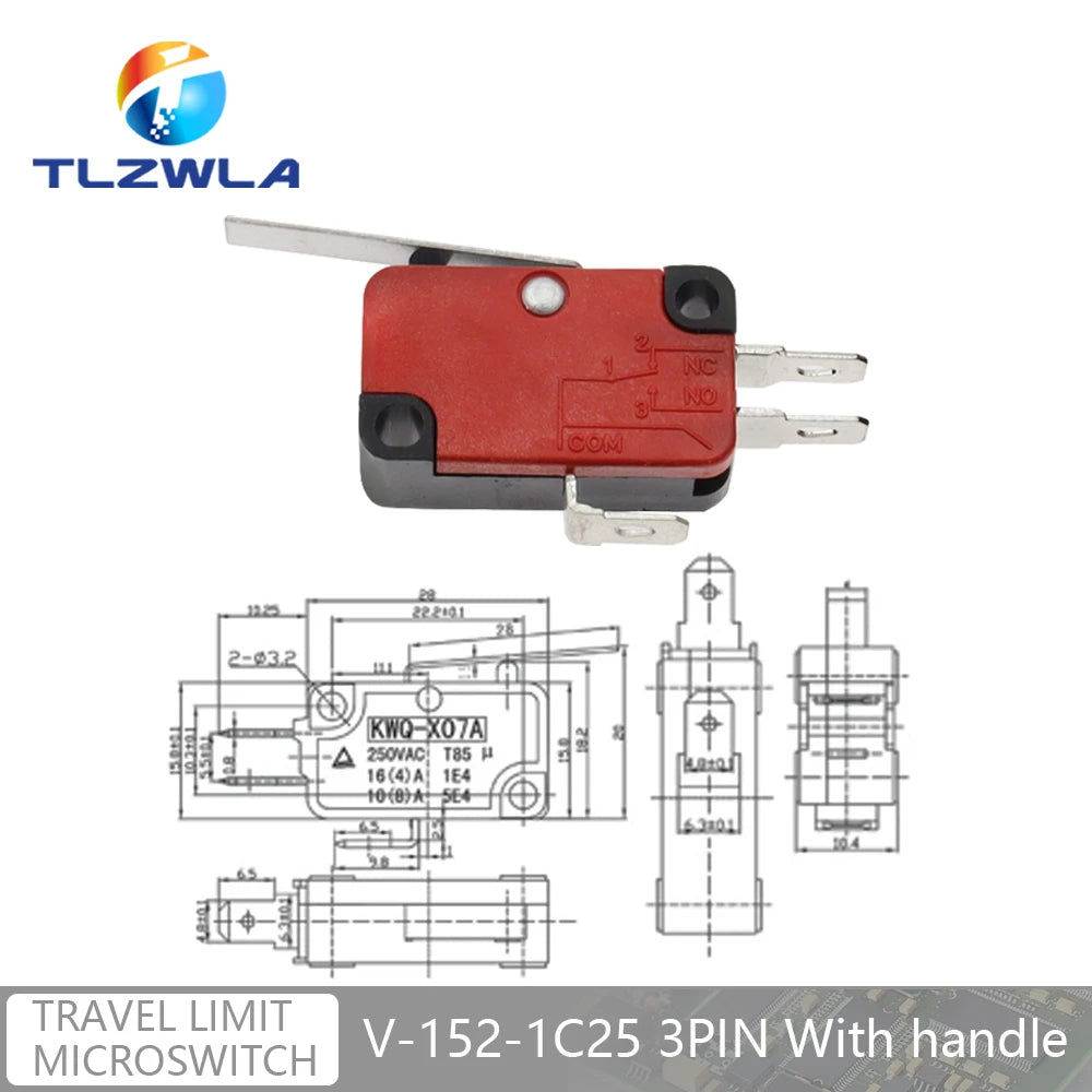 16A 250VAC SPDT Momentary Travel Limit Micro Switch 1NO1NC 3/6Pin Lever Roller V-15 V-151 V-152 V-153 V-154 V-155 Microswitch