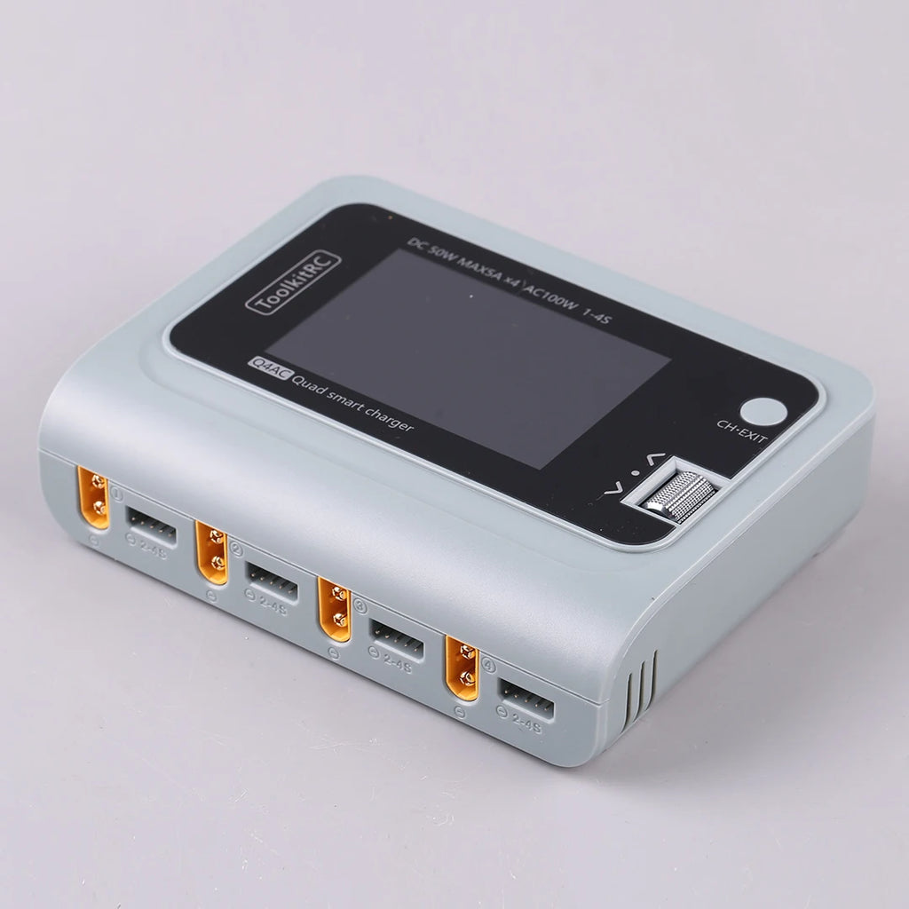 ToolkitRC Q4AC 4x50W 5A AC 100W 4 Port DC Smart Discharger Charger XT60/XT30 Optional for 1-4S Lipo Battery