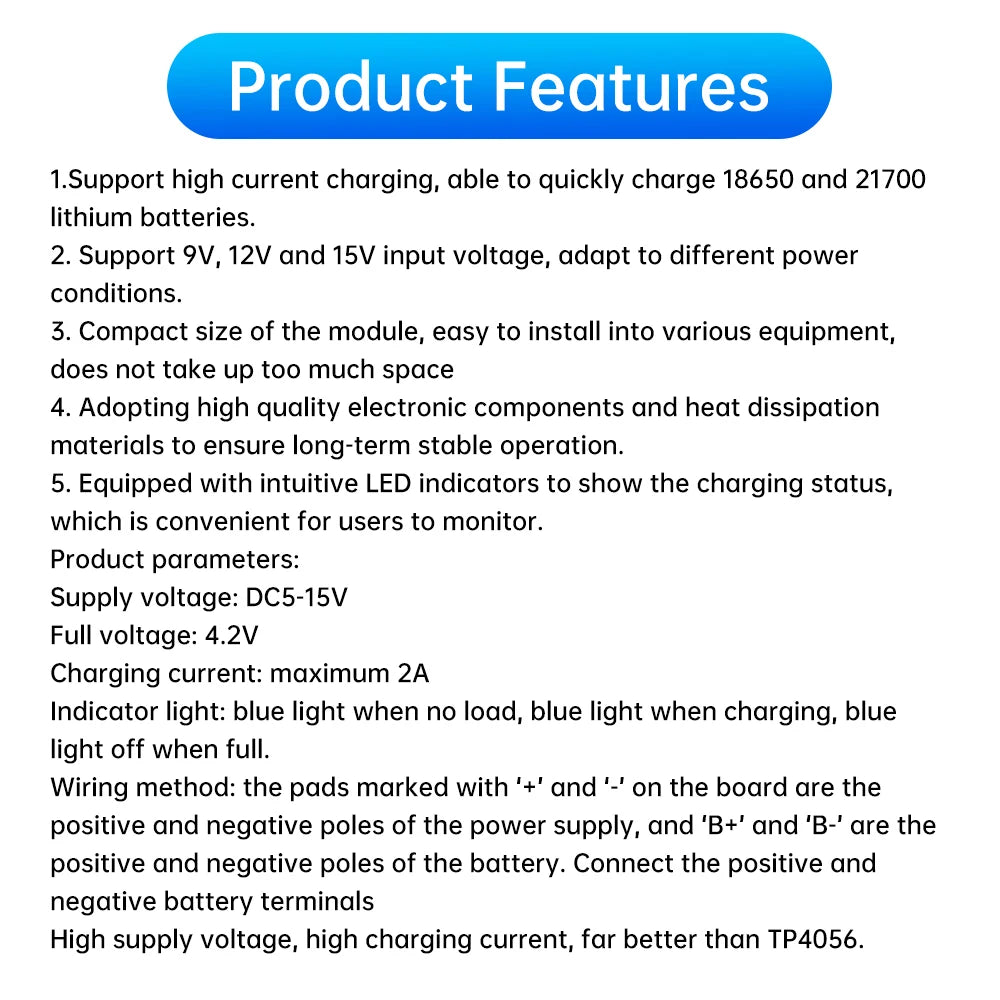 18650/21700 Lithium Battery Charging Module With LED Indicator Suitable For High Current 9V12V15V Charging Superior To TP4056