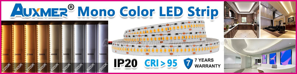 Auxmer Low Power 2835 LED Strip,Mono Color,120LEDs/m 240LEDs/m,CRI＞95/90,3SDCM,Super Bright Flex LED DC12/24V,5m/reel,IP20