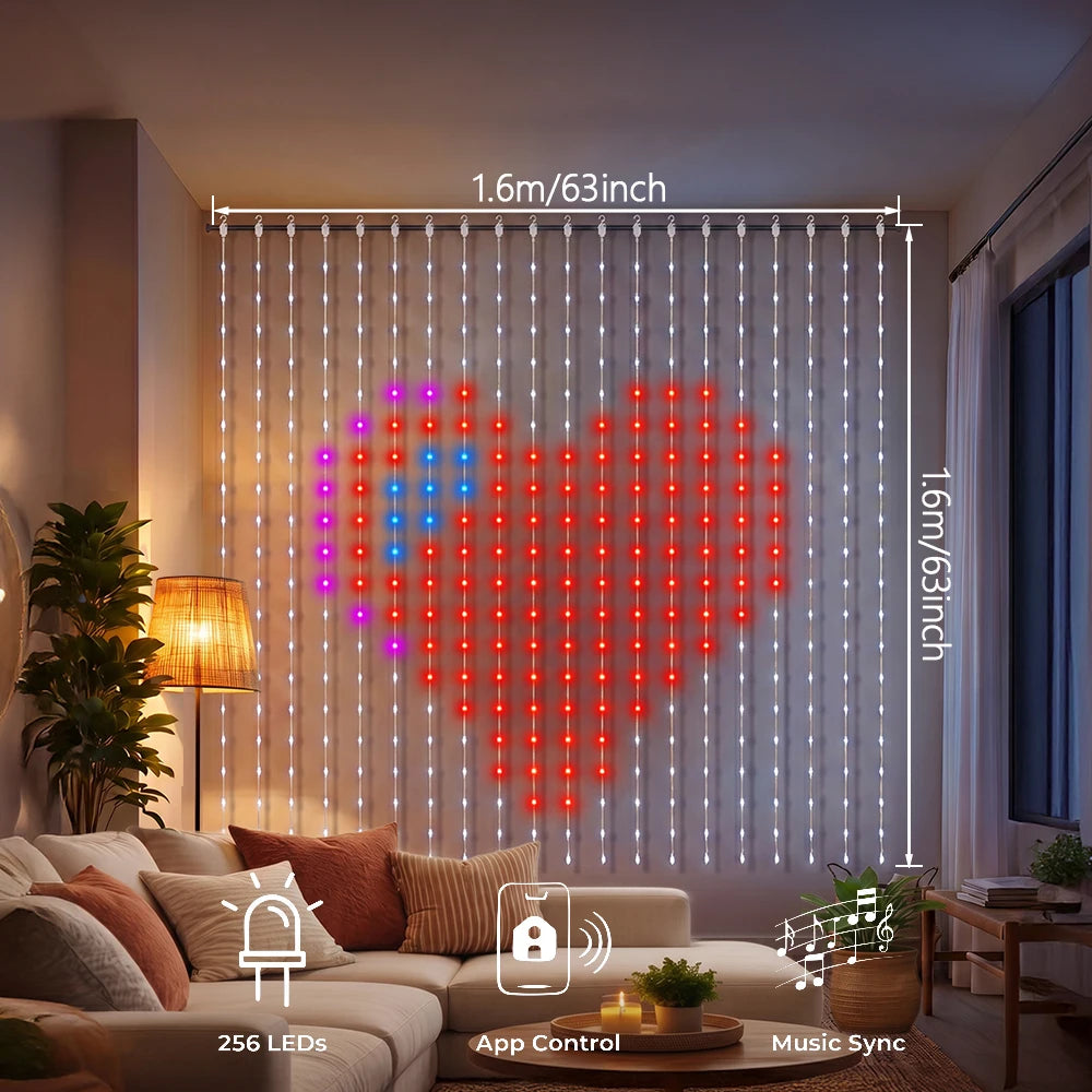 Smart LED Curtain Lights RGB Color Changing String Fairy Lights Curtain APP Control DIY Pattern Music Sync for Bedroom Wall Backdrop Indoor Outdoor Christmas Decorations