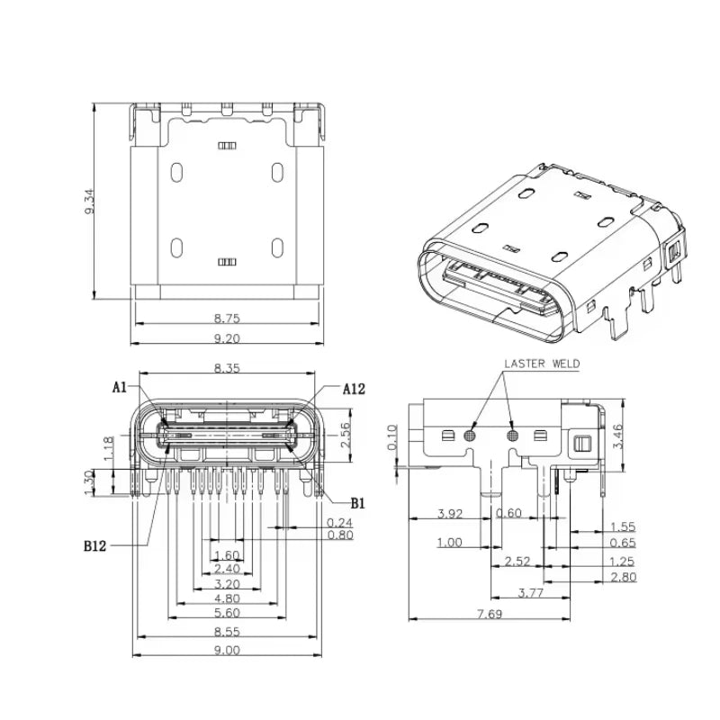 2piece 12Pin SMT Socket Connector Micro USB Type C 3.1 Female Placement SMD DIP PCB Design DIY High Current Charging