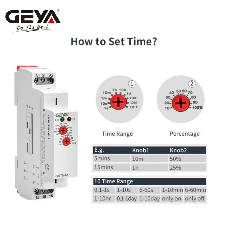 GEYA GRT8-A Electronic 16A SPDT ON Delay Timer Relay Time Relay 12V 24V 220V DIN Rail Type AC230V OR AC/DC12-240V