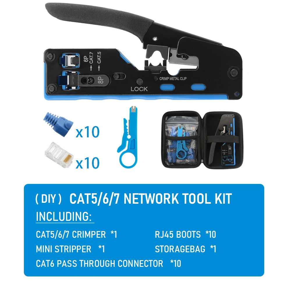 RJ45 Crimp Plier Pass Through Crimper Stripper Cutter for Cat7 Cat6 Cat5e 8P8C Modular Connector Ethernet All-in-one Wire Tool