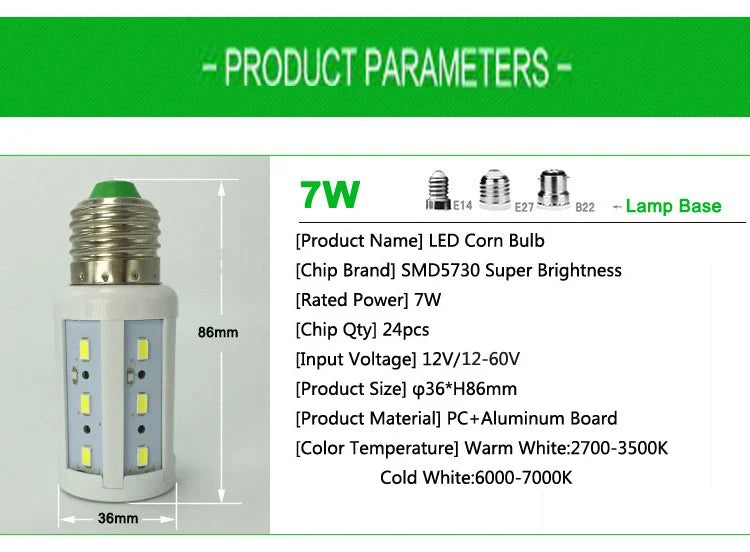 12-60v led corn bulbs smd 5730 12v 24v 36v 48v 60v LED corn light 7w 10w 15w 18w 25w 30W E27 B22 warm/cool white