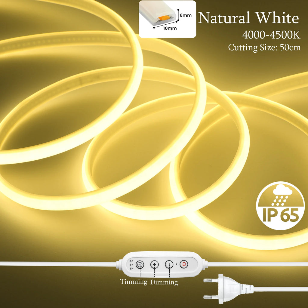 220V COB LED Strip Power EU Plug Dimmable Timer 288LEDs/m Waterproof Neon Light Tape Red Blue Green Pink White Home Garden Decor