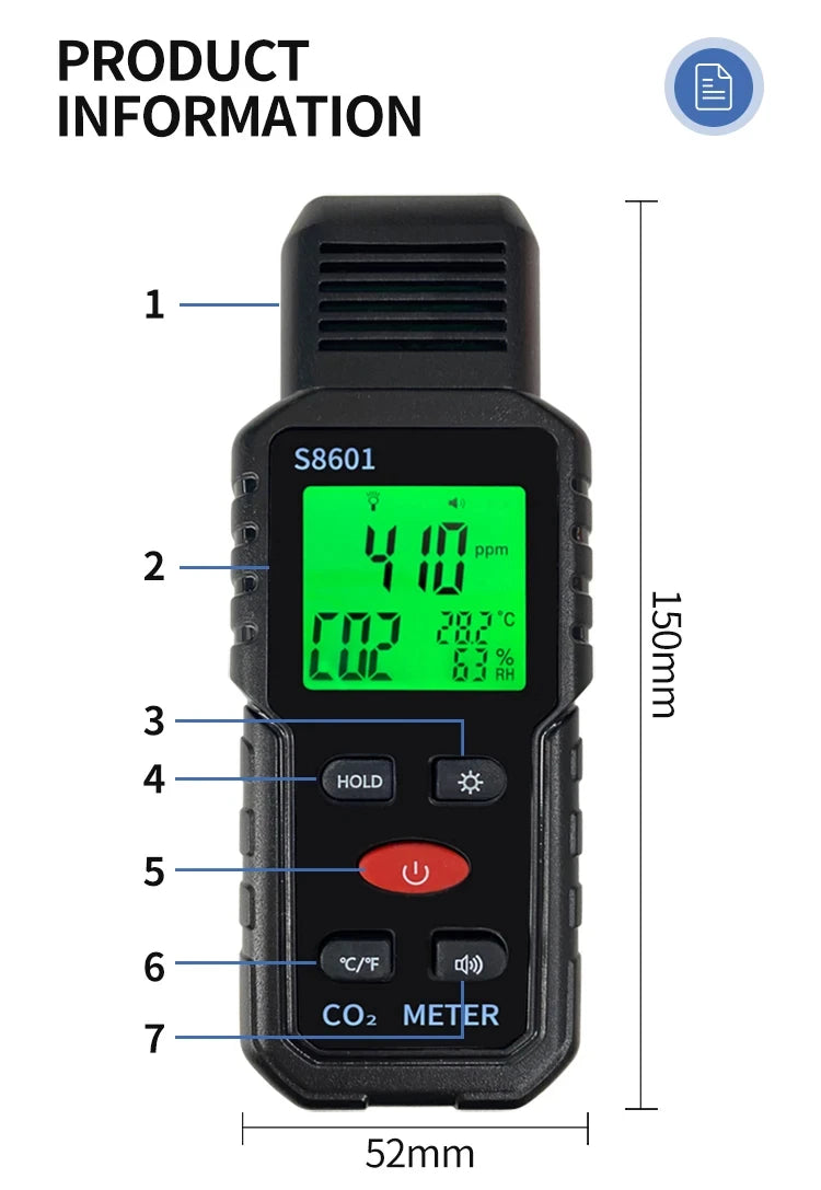 Indoor CO2 Meter Carbon Dioxide Sensor & Alarm NDIR Air Quality Monitor with Temp Humidity LCD Portable High Precision Detector