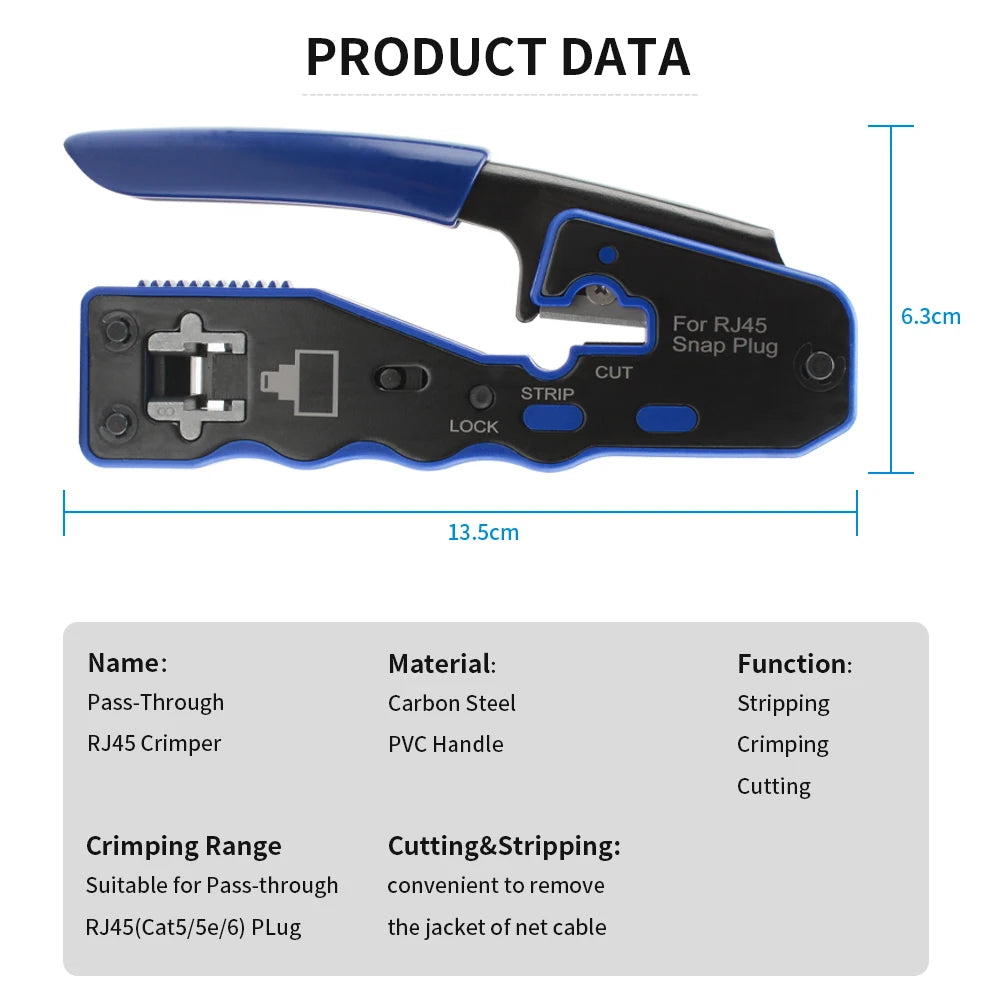 RJ45 Crimp Tool Pass Through Crimper Stripper Cutter for Cat6a Cat6 Cat5 8P8C Modular Connector Ethernet All-in-one Wire Tool