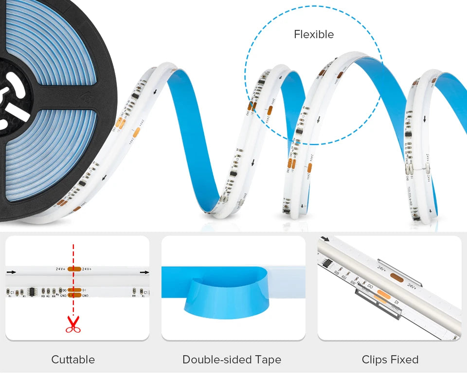 WS2811 Addressable 630 720 LEDs Dream Color FCOB RGB IC LED Light Strip 12mm 12V 24V Flexible WS2812B FOB COB Led Lights RA90