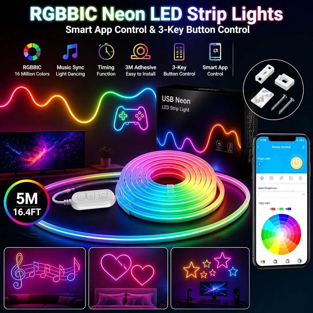 5M RGB Color Changing Neon Light Strip, Waterproof Flexible LED Neon Rope, USB Powered, APP & Manual 3 Keys Control for Indoor Outdoor Home Party Decoration