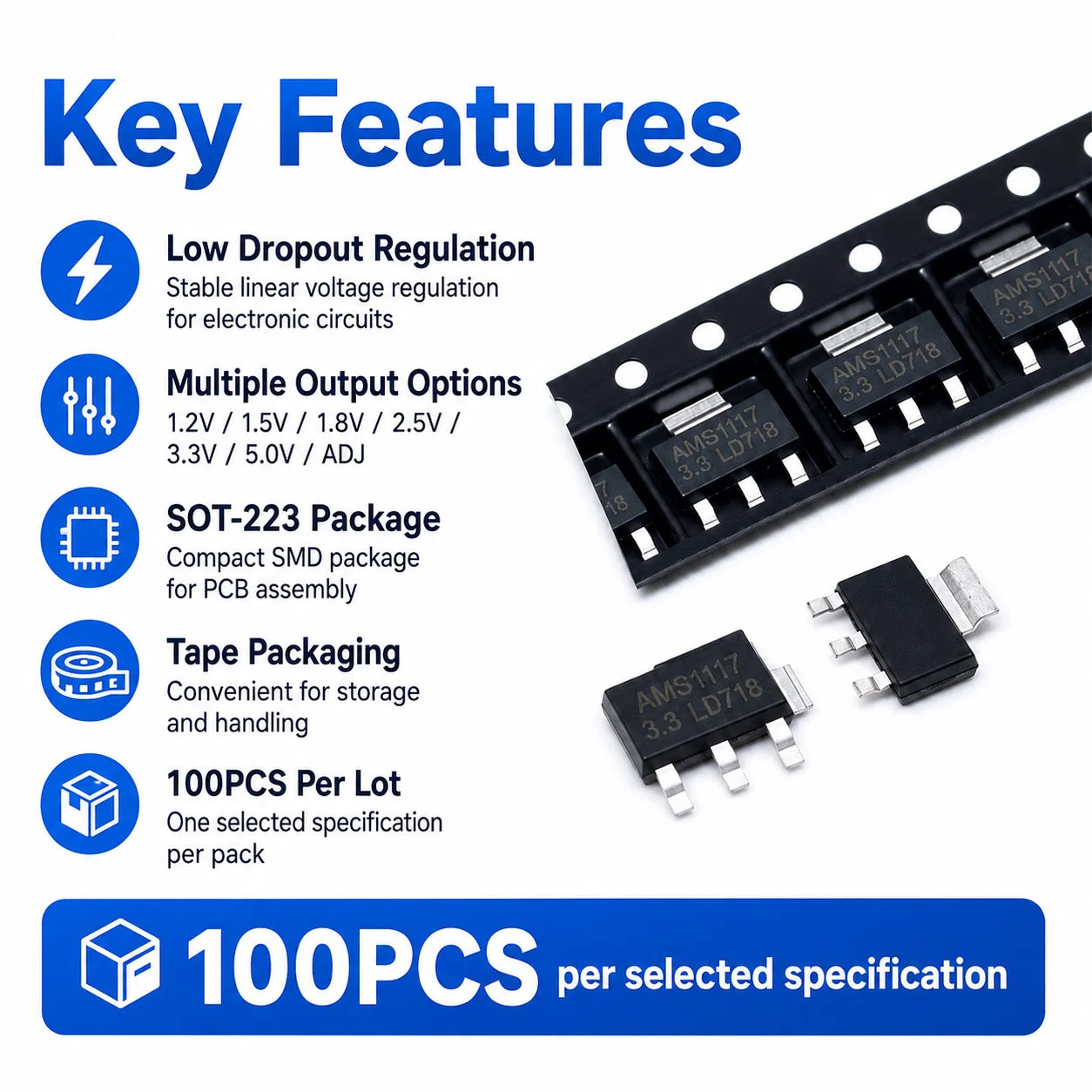 100PCS AMS1117 LM1117 SOT-223 LDO Linear Voltage Regulator IC 1.2V 1.5V 1.8V 2.5V 3.3V 5V ADJ