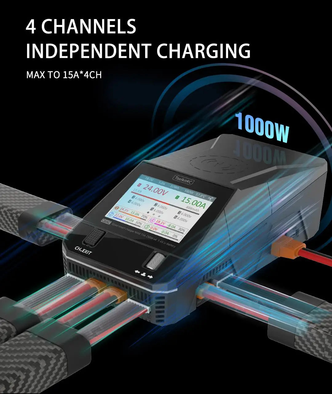 ToolkitRC Q6AC 400W/ DC 1000W 4CH Smart Balance Output Built-in 65W USB Output 15W Charger With Wireless for 1‑6S LiPo Batter
