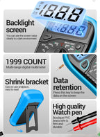 Digital Multimeter 1999 Counts 600V AC/DC Voltage Temp Test for Car Repair ANENG AN8205C Blue Backlight hFE Triode DIY Test Tool