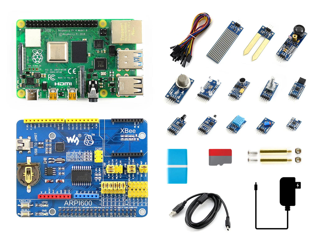 Raspberry Pi 4 Model B 4/8GB Kit with 13 Sensors, ARPI600 Adapter, Power Supply, SD Card for IoT, AI, Robotics Learning