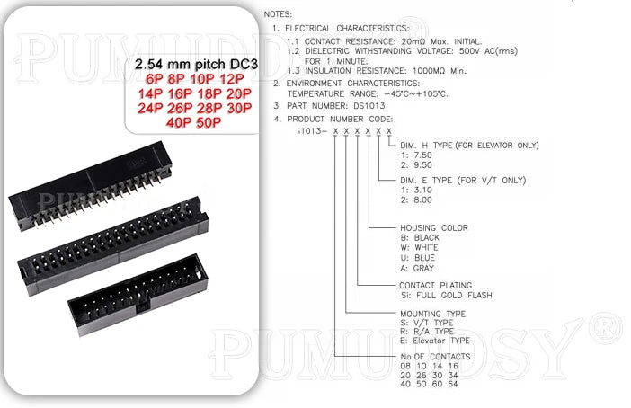 2.54 MM Pitch DC3 Through Hole 6 8 10 12 14 16 20 26 30 34 40 50 Pin Straight Male Shrouded PCB IDC Socket Box Header JTAG 10PCS