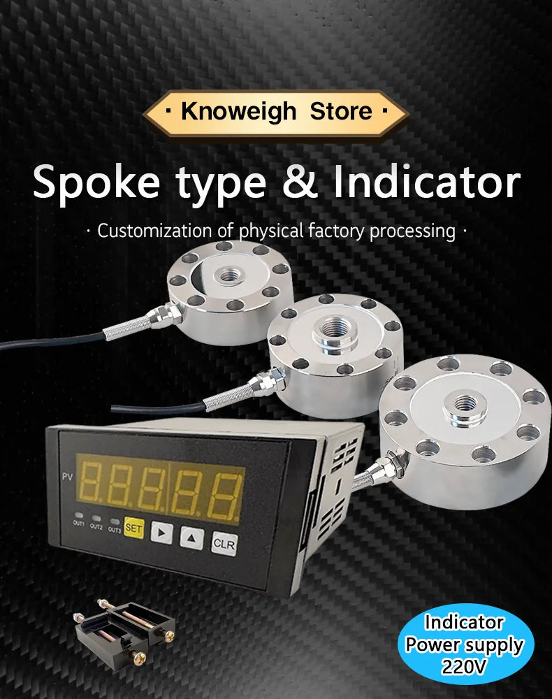 Compression/Tension Spoke Load Cell 30kg-5t Options, 5-Digit Display Controller, Relay Outputs OUT1/OUT2 8 Mounting Holes