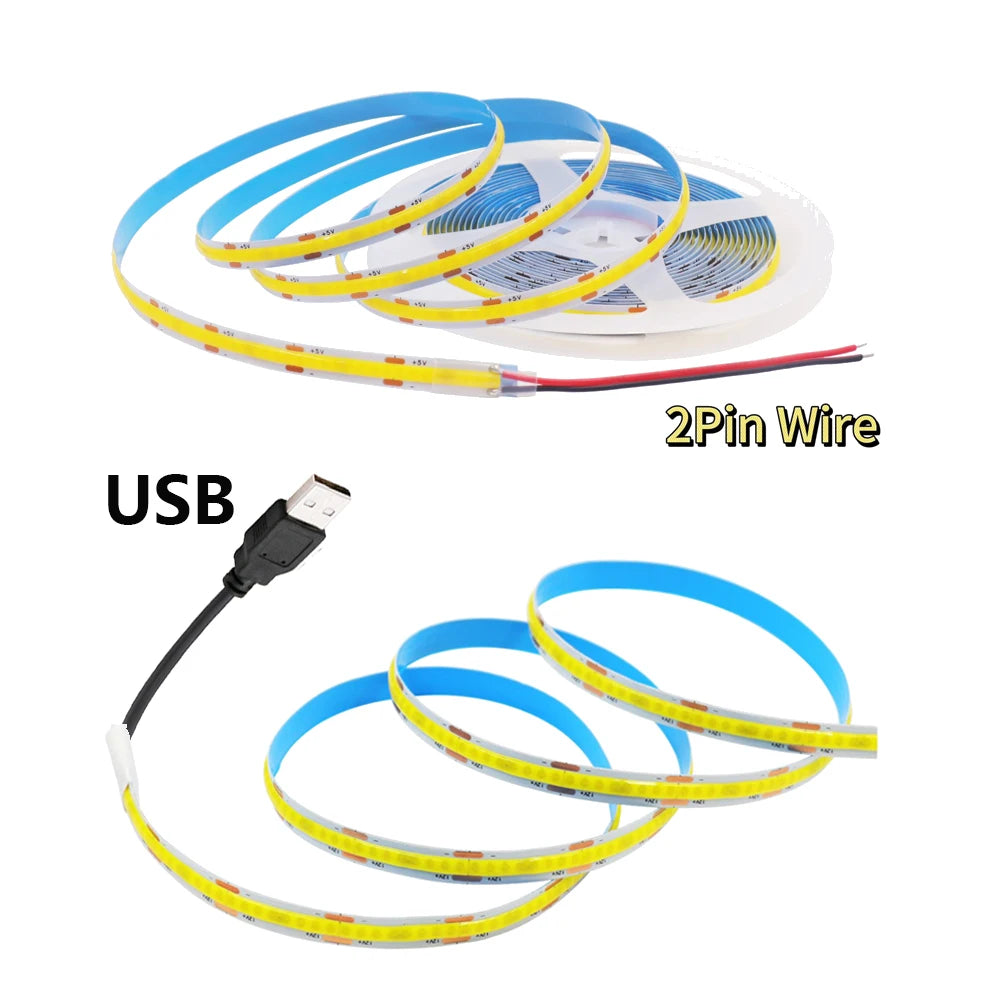 12V 5V USB COB LED Strip Light With 2Pin Wire 320 384 480 528 LEDs Flexible Tape Linear Lighting Warm White Pink Blue Red Yellow