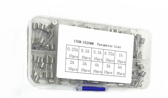 100Pcs/Box 5*20 5x20MM Glass Tube Fuse Assorted Kit 0.2A 0.25A 0.3A 0.5A 1A 2A 3A 4A 5A 6A 8A 10A 15A Set