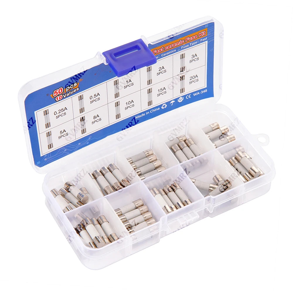 50pcs 5x20mm 0.25A-20A Ceramic Tube Fuse Assorted Kit Amp 0.25A 0.5A 1A 2A 3A 5A 8A 10A 15A 20A 250V with Storage Box