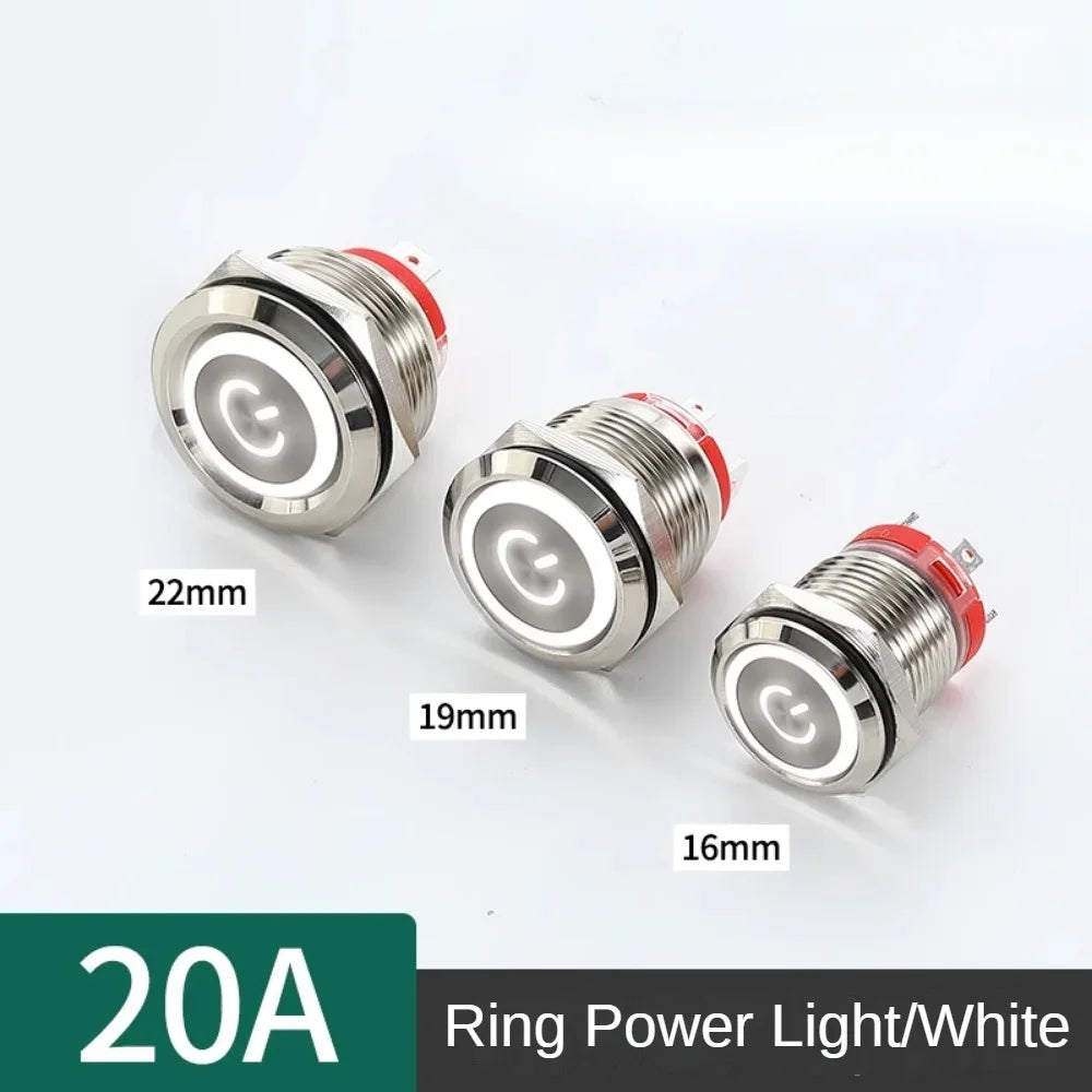 16/19/22mm 20A High Current Metal Push Button Switch IP67 Waterproof LED Light Momentary Latching Car Engine Power Switch Red