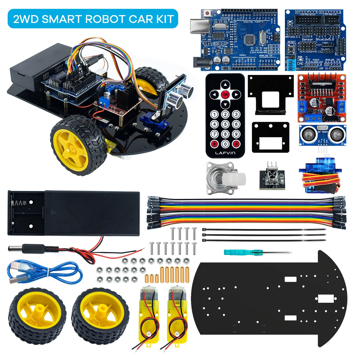 LAFVIN Smart Robot Car for Arduino 2WD Chassis Robot Car Kit With Ultrasonic Module, L298N Driver Board, Remote, IR Control