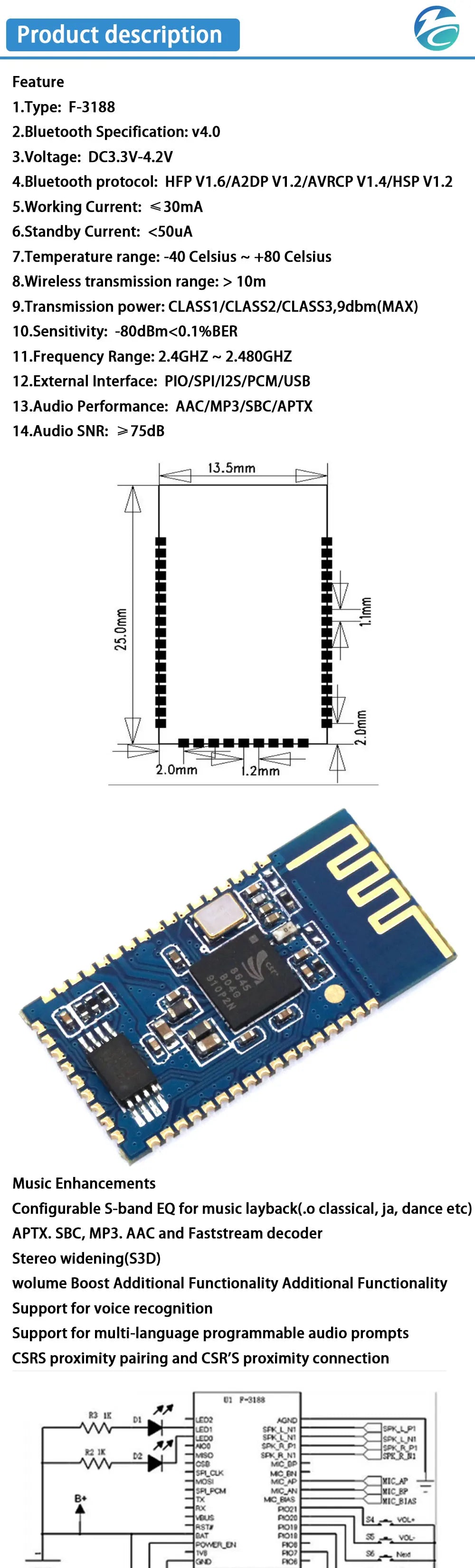 Bluetooth 4.0 CSR8645 Amplifier Board 5W+5W APT-X Stereo Receiver Amp Module