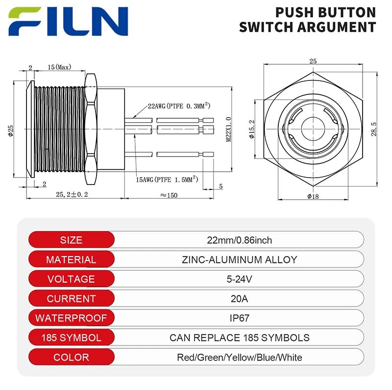 FILN 2Pcs 22mm Symbol Push Button Switch 20A IP67 Waterproof Latching Momentary Marine Switches 185 Replacement Symbols 5V-24V