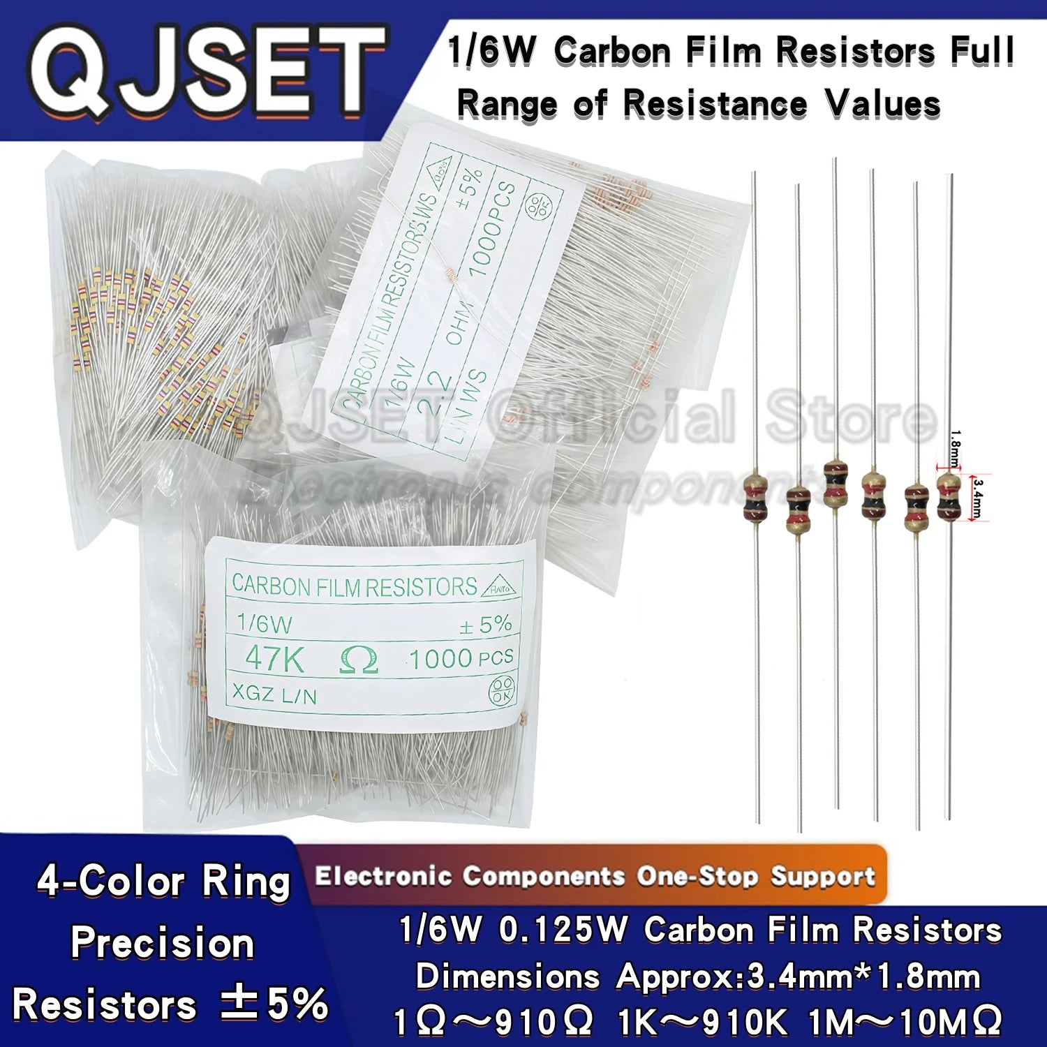 1000pcs 1/8W 1/6W Carbon Film Resistor 5% 0.125W 1K 4.7K 10K 22K 47K 100k 200k 220k 510k 470K 1M Ohm 10 100 200 220 330 470 Ohms