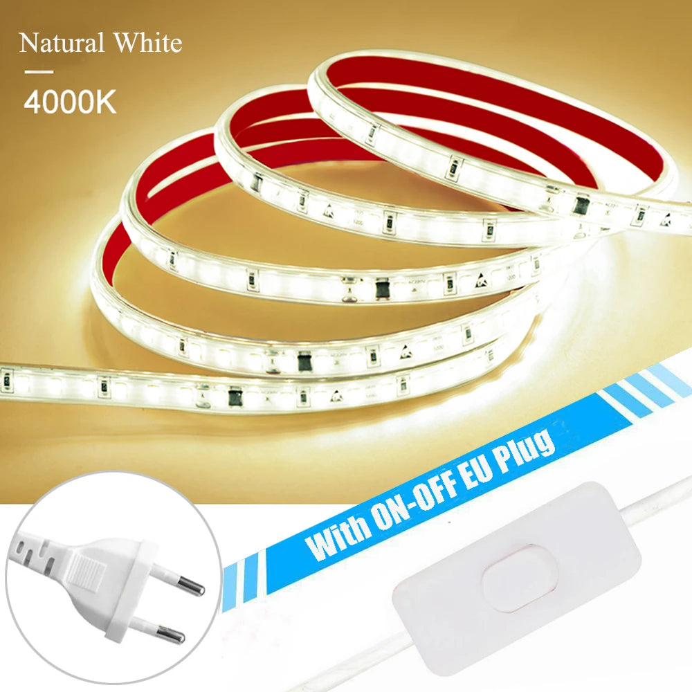 120LED/m LED Strip Light 220v Flexible&10cm Cuttable Soft Lamp Bar 2835 Tape Adhesive EU Plug Vanity Cabinet Wardrobe Home Decor