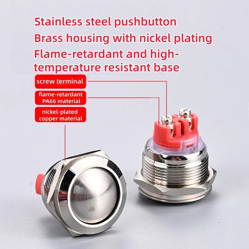 Push Button Switch Metal Screw Terminal Soldering 16/19/22mm Short 7A Latching Self-Locking/Reset LED Light 6/12/24/110/230V
