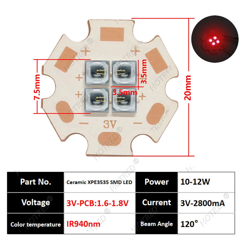 10W High Power LED Chip IR Infrared 660nm 680/730/760/810/850nm 12W 3535 Bead 2V 4V 8V 700/1400/2800mA For Night Vision Security
