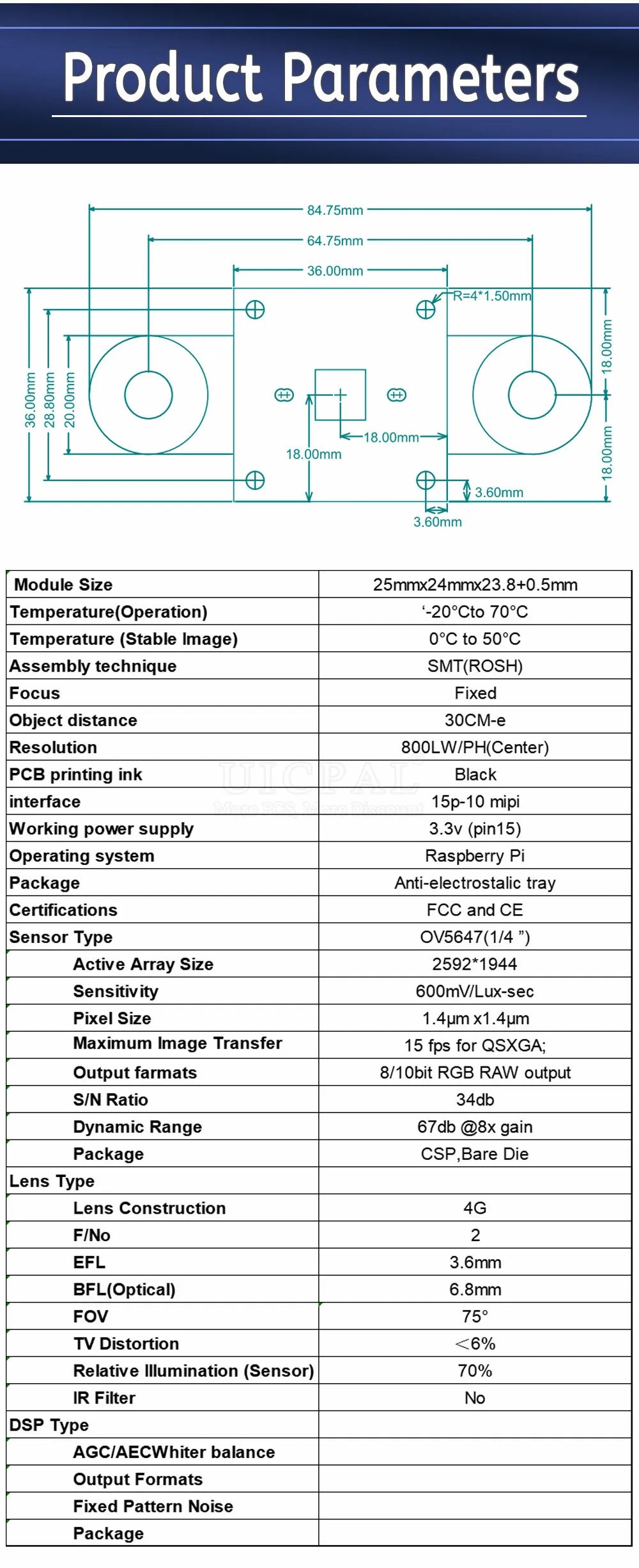 OV5647 Camera Module for Raspberry Pi 3B 4B Adjustable Focus 67 72 120 130 160 200 Degree 3.6MM HD Night Vision 2592*1944