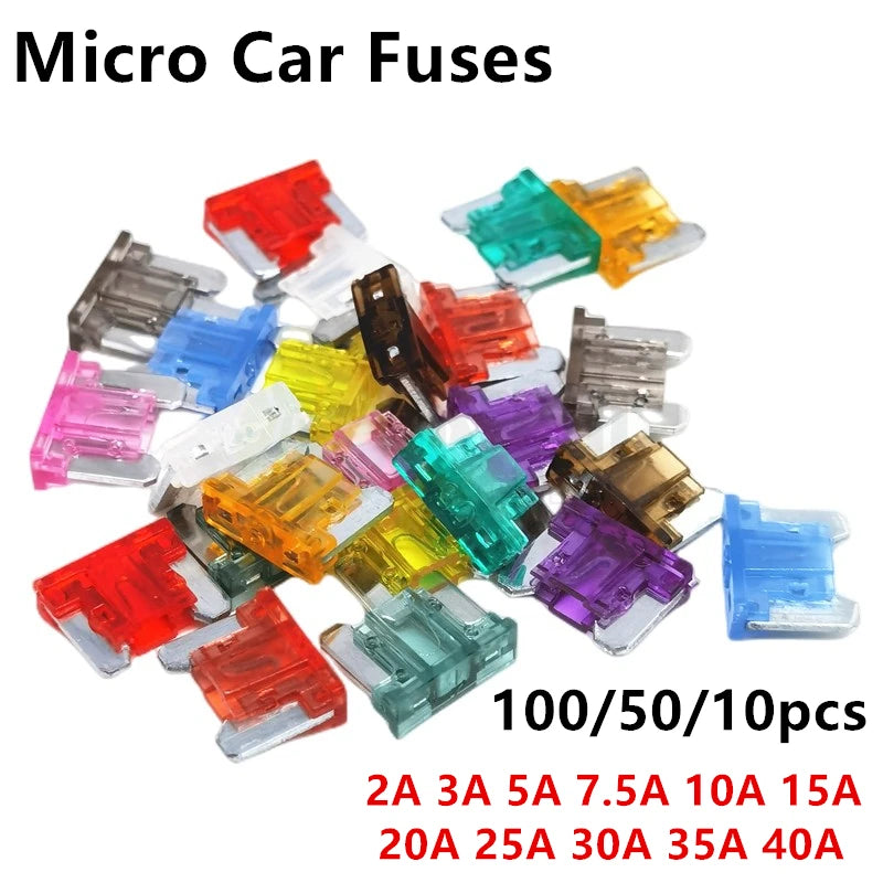 100/50/10pcs Micro Car Fuses Automotive Blade Type Mini Fuse Assortment Blade Fuse Set 2A 3A 5A 7.5A 10A 15A 20A 25A 30A 35A 40A