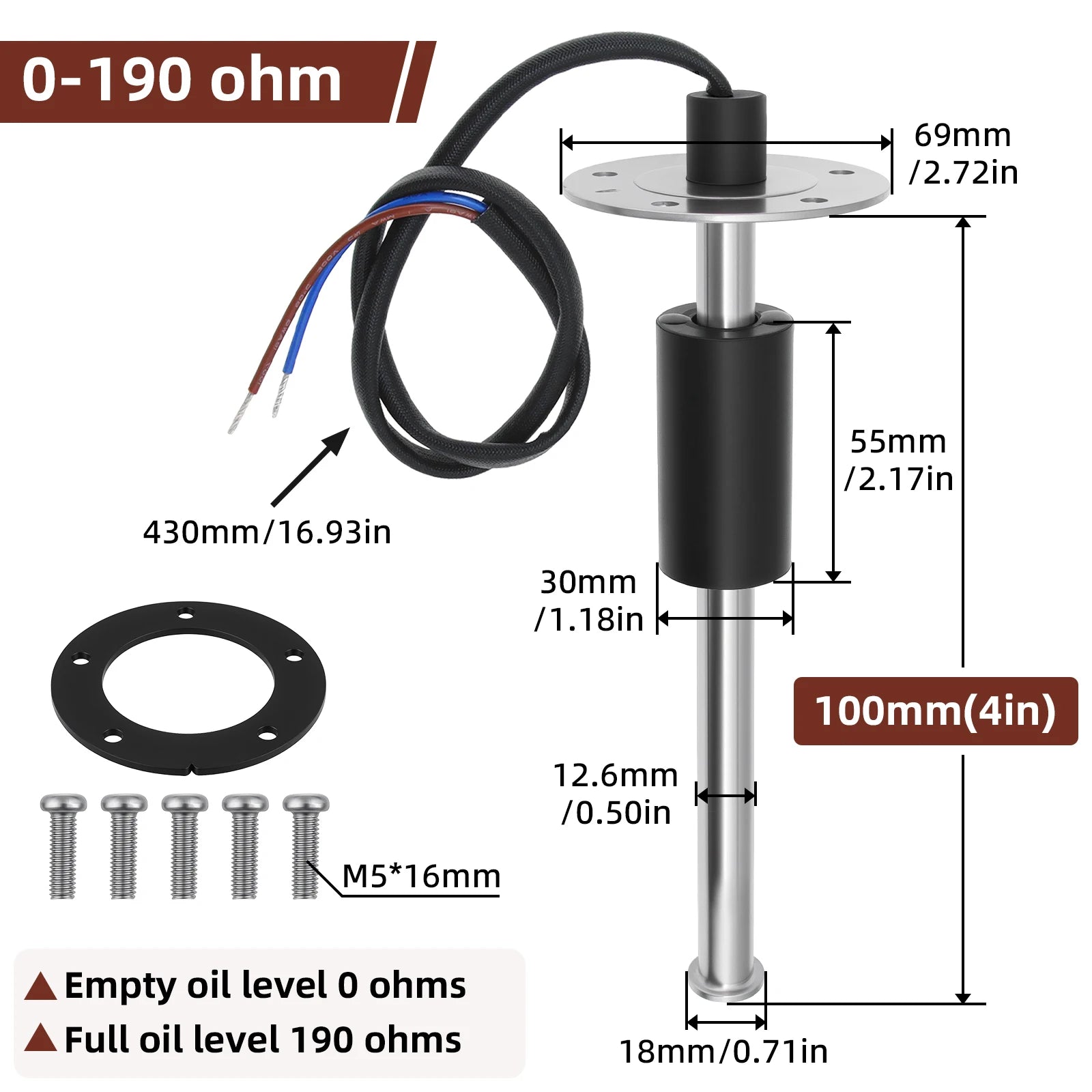 150mm 200mm 400mm 600mm Fuel Level Sensor Stainless Steel 0-190 ohm Oil Tank Level Indicator Universal for Boat Car Fuel Meter