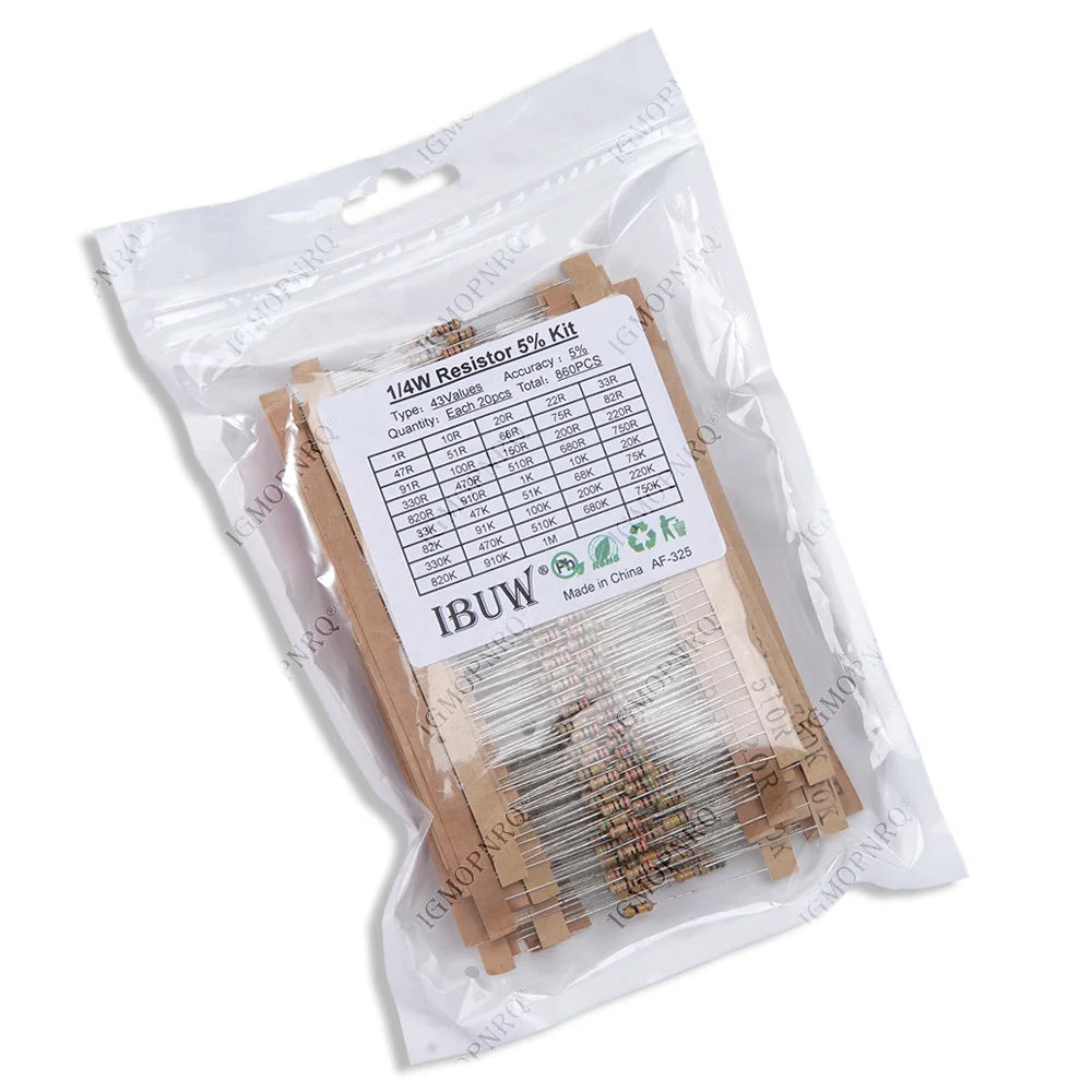 860pcs/lot Carbon Film Resistor Kit 1/4W 5% resistors assorted kit set 43values*20pcs Resistance 1R - 1M Ohm 0.25W resistor pack