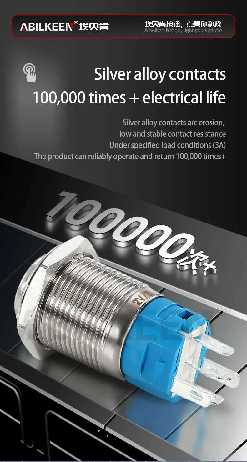 ABILKEEN 12/16/19/22MM LED Ring Illuminate Metal Push Button Switch 1NO1NC Momentary/Latching Power Control Push Button Switch