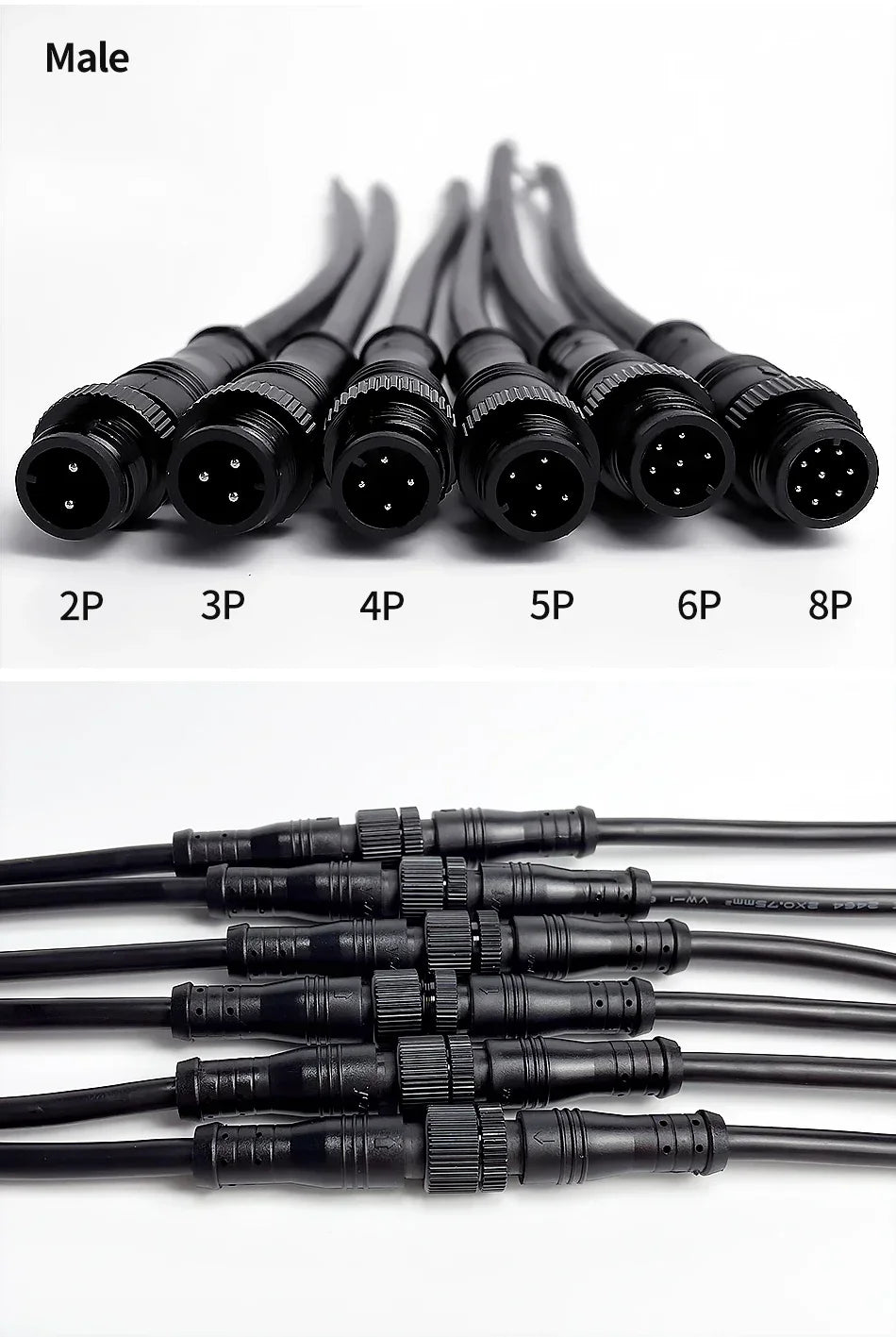 5/20Pcs M12 Small Size Head Waterproof IP68 2/3/4/5/6/8 Pin Power Cable Wire Plug for LED Strips Male Female Connector 20CM