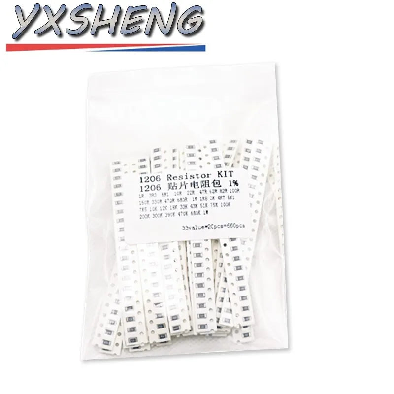 660PCS 0603 0805 1206 1210 SMD Resistor 1% 5% KIT 1R~1MΩ 10K 100K 1R 100R 330R 33Values*20pcs Assorted kit